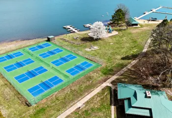 Pickleball courts next to Sunnen Lake at YMCA Trout Lodge in Potosi, MO