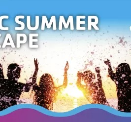 silhouette of teens splashing in a pool with text that says "YMCA Epic Summer Escape"