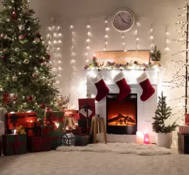 christmas tree, stockings, and presents
