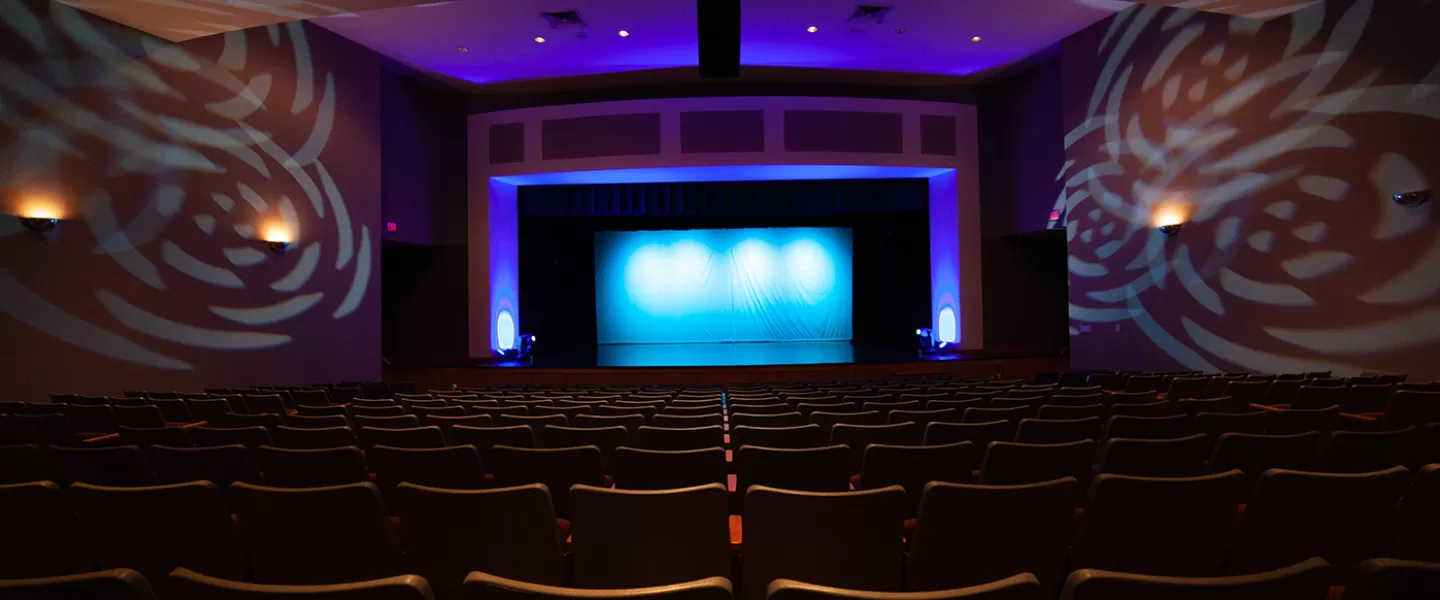 Theater with rows of seating facing stage. Stage lit with side lights. Dim theater lighting throughout room.