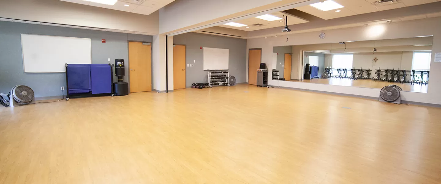 Group exercise room with mirrors on one side. Large, rectangular room with non-slip flooring.