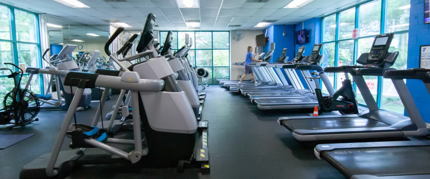 Cardio room with rows of treadmills, ellipticals, and stationary bikes. Windows on all sides of room.