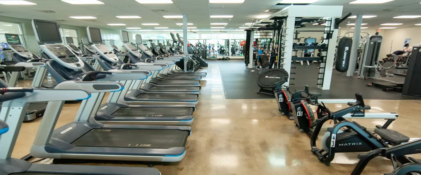 Cardio area with rows of treadmills, ellipticals, rowers, and stair step machines.