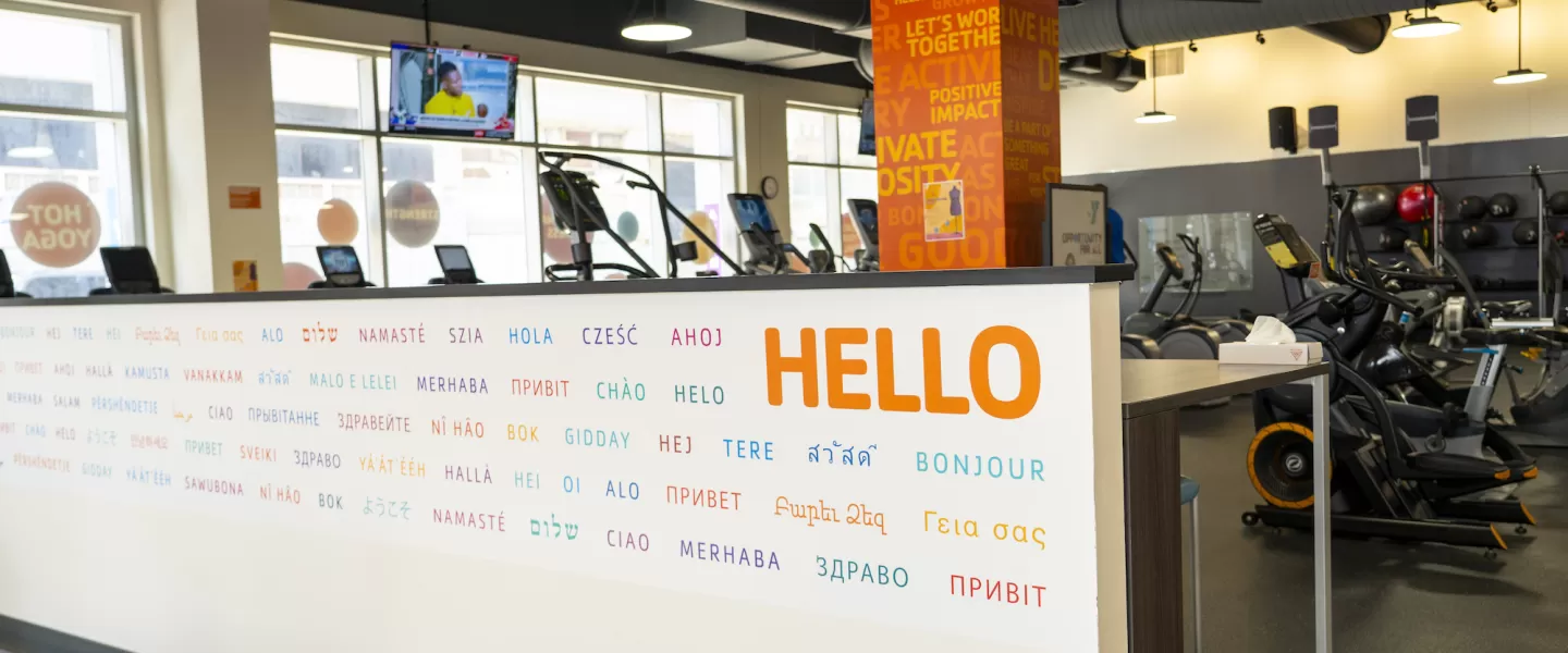 Downtown St. Louis YMCA at the MX Hello in Various Languages Wall