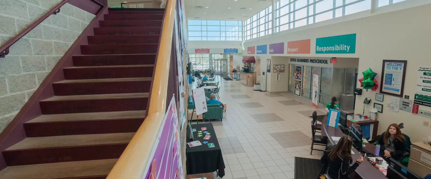 The lobby at the O'Fallon Missouri YMCA is a welcoming environment for gathering.