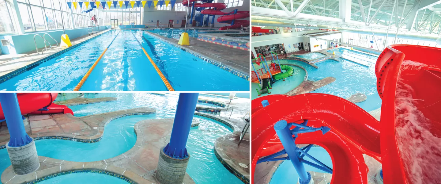 Carondelet Park Rec Complex YMCA Indoor Aquatic Center including Water Slide, Lap Lanes for Lap Swimming, Lazy River, Hot Tub, and Splash Pad