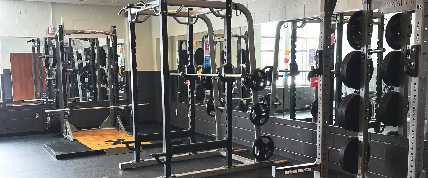 Carondelet Park Rec Complex YMCA Gym's Brand New Weight Room with Lift Platforms, Barbells, Weights and more.