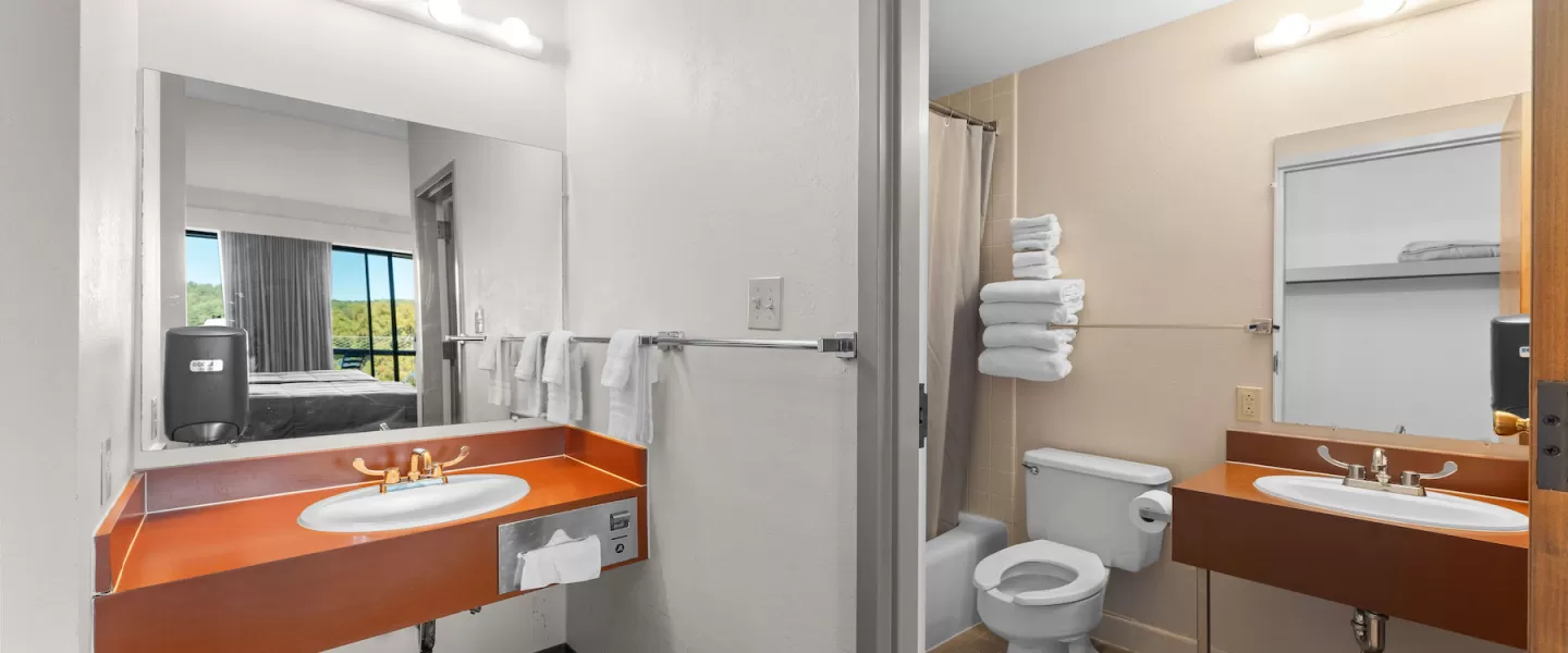Close-up of the in-room vanity area with mirror and countertop