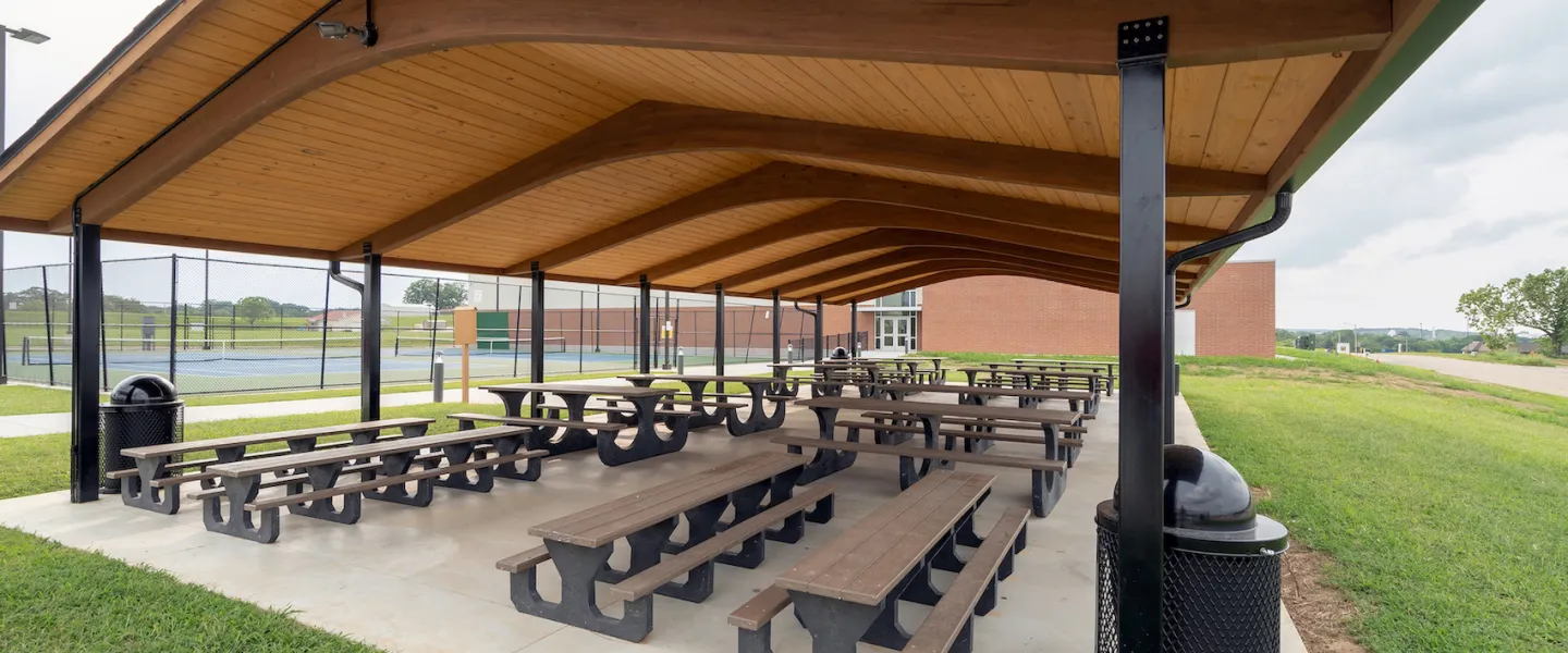 Ste. Genevieve County YMCA Outdoor Pavilion with picnic tables for outdoor events, parties, and gatherings