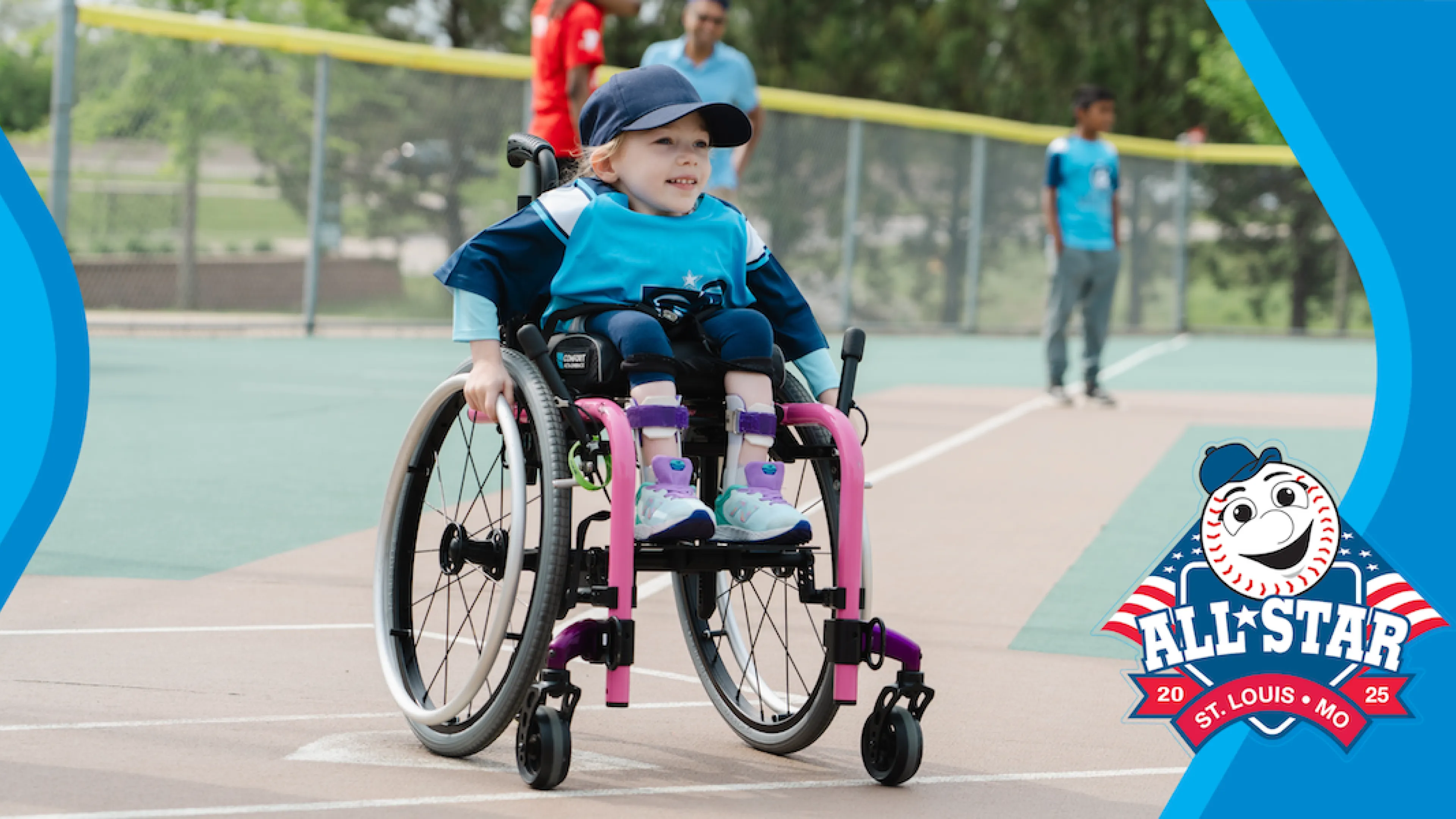 young girl in wheelchair playing adaptive baseball at the ymca with all star game logo