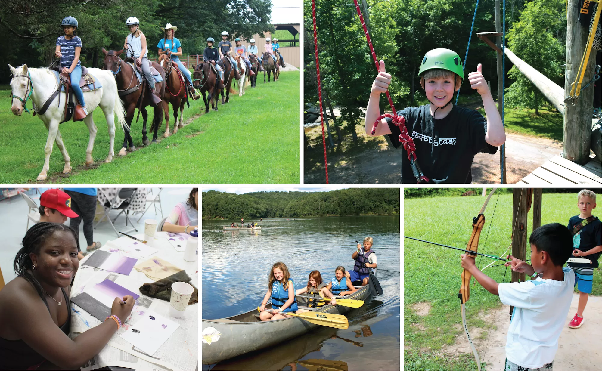 ymca camp lakewood activities collage of archery, canoeing, arts and crafts, horseback trail riding, and climbing towers