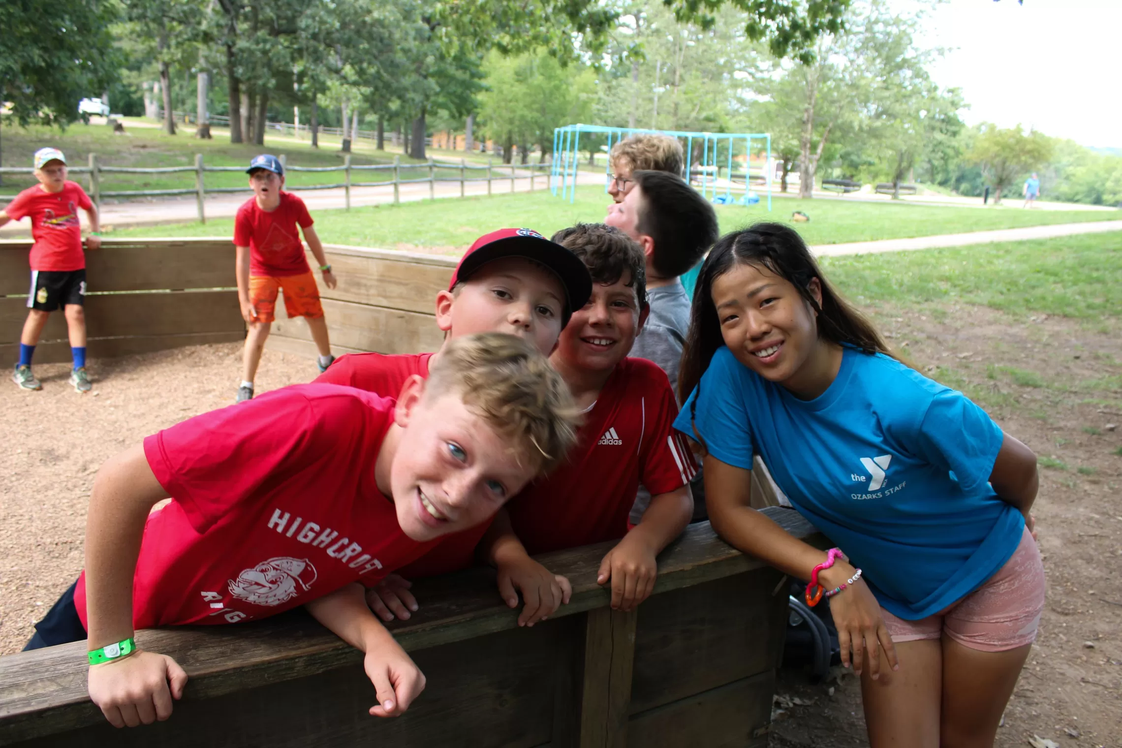 group of campers and counselor playing gaga ball at ymca camp lakewood
