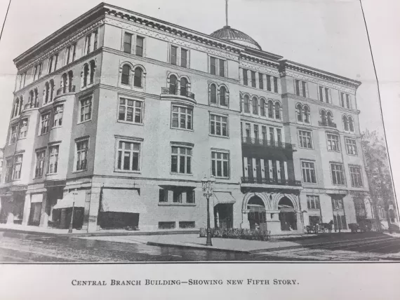 Photo of the Central YMCA branch in 1896, showing the 5-story building.