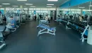 Thumbnail: Free weight area with dumbbells, benches facing mirrors, and weight machines. Spacious rows between equpment.