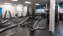 Thumbnail: Weight room showing squat racks, free weights, and benches. Industrial feeling room with dark flooring and white and blue walls.