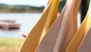 Thumbnail: Canoe paddles lined up with lake in the background