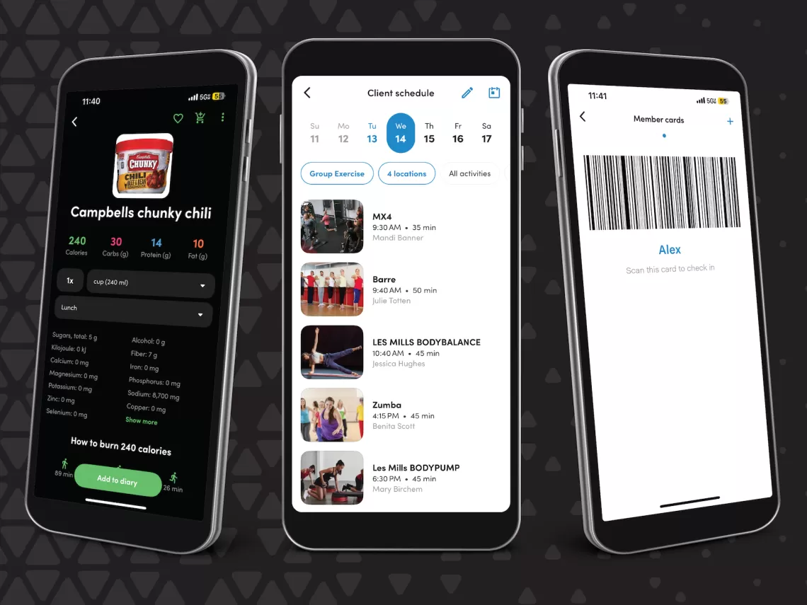 YMCA Mobile App Screens: Nutrition Tracking, Workout Classes, Member Checkin Barcode
