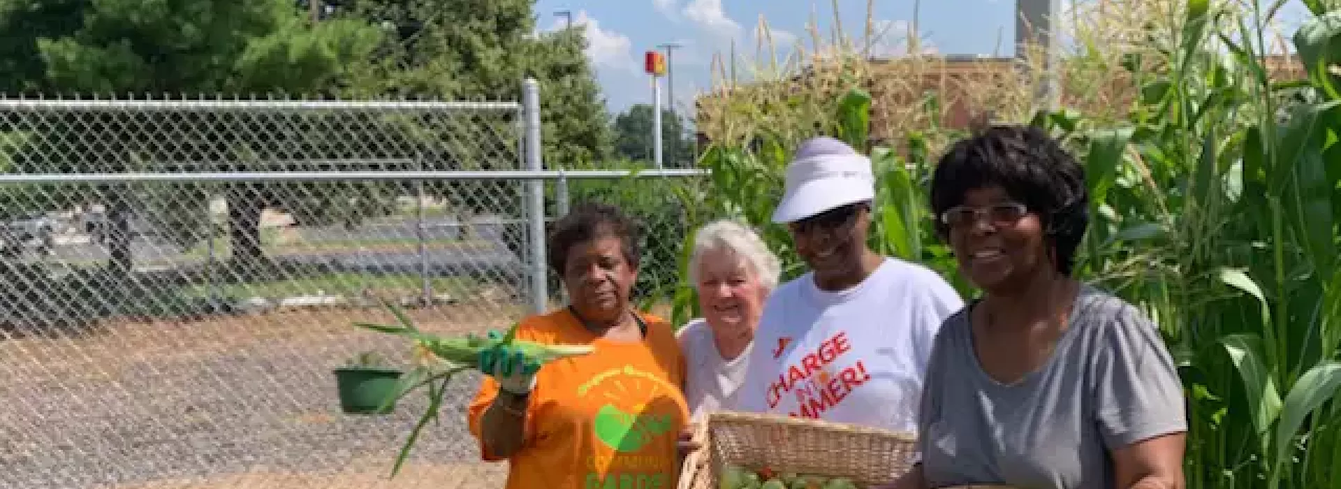 An image of three middle-aged African American women and one Caucasian female all posing with corn and tomatoes that they picked from the YMCA's garden that they help tend to.