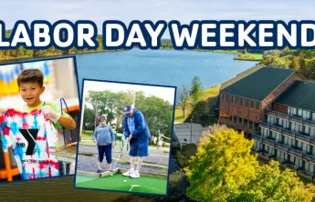 ymca trout lodge and activities collage with text that says labor day weekend